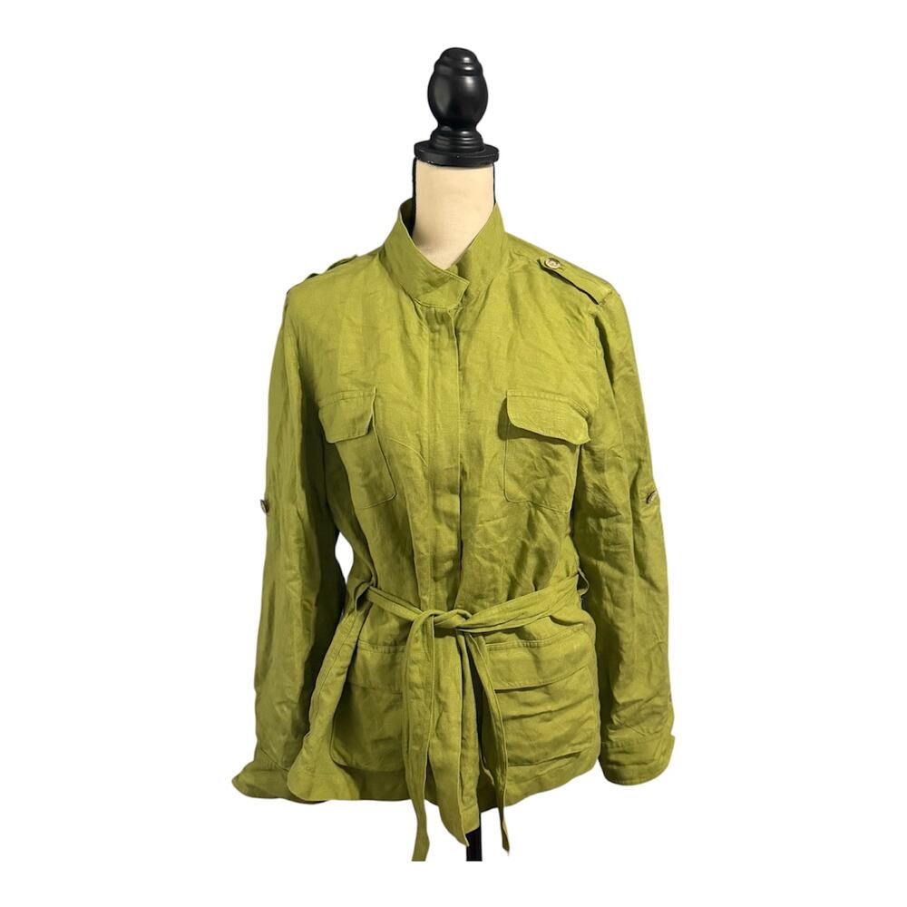 Bandolino Olive Green Linen Blend Safari Lightweight Jacket Top Sz 14 Waist Belt